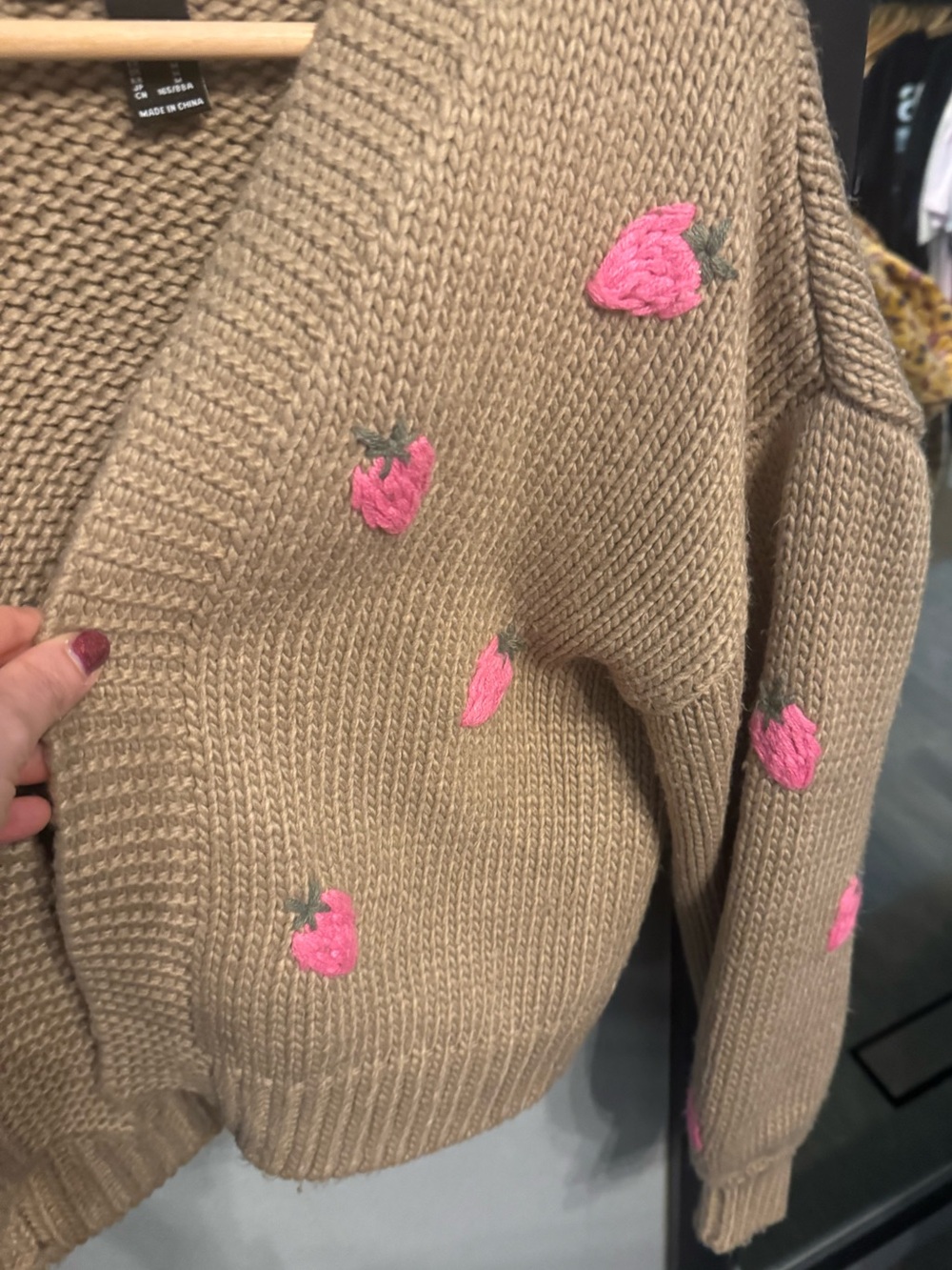 Forever 21 Chunky Tan Cardigan Sweater with Cute Pink Strawberry Embroidery 🍓 - Picture 10 of 14